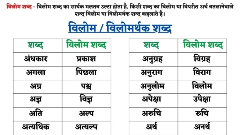 Vilom Shabd in Hindi | विलोम / विलोमर्थक शब्द