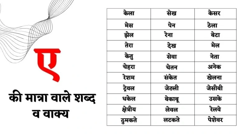 ए की मात्रा वाले शब्द एवं वाक्य | Ae Ki Matra Wale Shabd