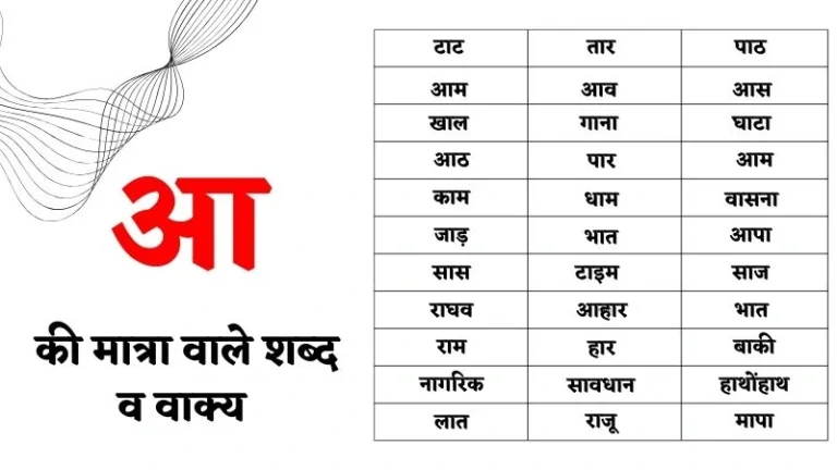 आ की मात्रा वाले शब्द व वाक्य | Aa Ki Matra Ke Shabd Worksheet & Picture
