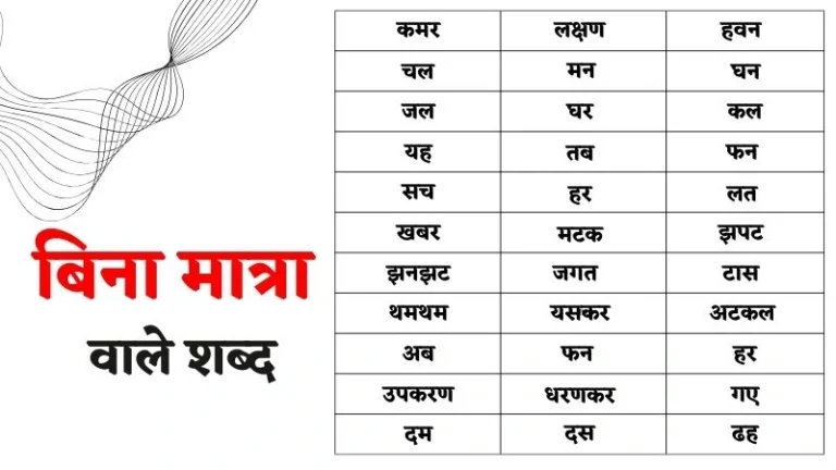 बिना मात्रा वाले शब्द व वाक्य | Bina Matra Ke Shabd
