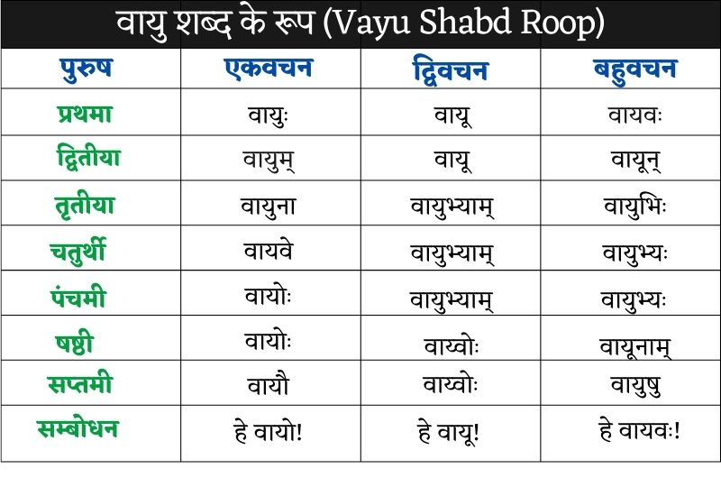 वायु शब्द के रूप (Vayu Shabd Roop)